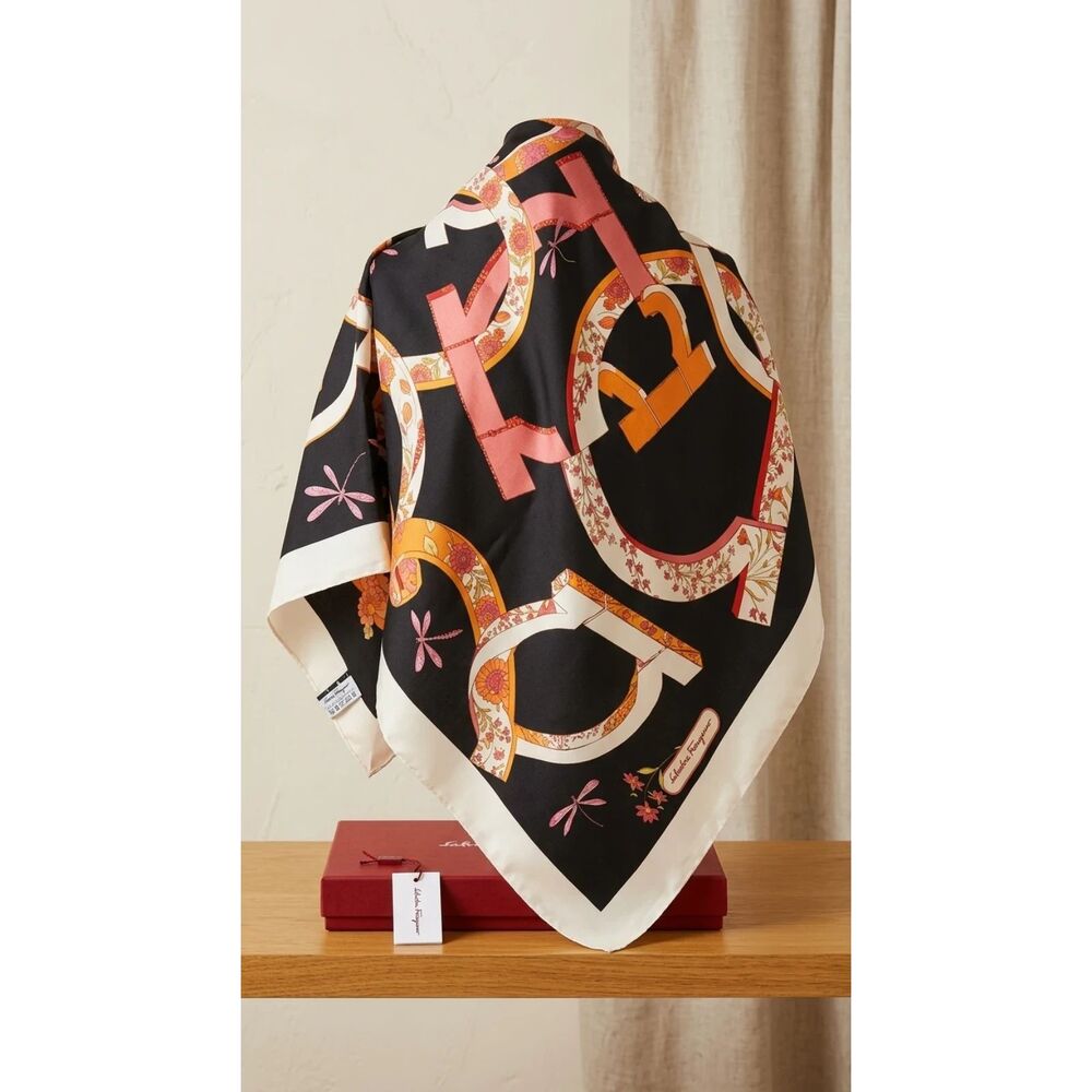 Salvatore Ferragamo Foulard Silk Black with cream border, orange, pink, and red
